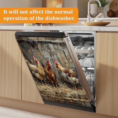 Rooster Farmyard Dishwasher Magnet Cover, 23 x 26 Inch Magnetic Front Panel for Dishwasher, Reusable Trimmable Kitchen Decor for Refrigerator Door - color: Rooster Farmyard