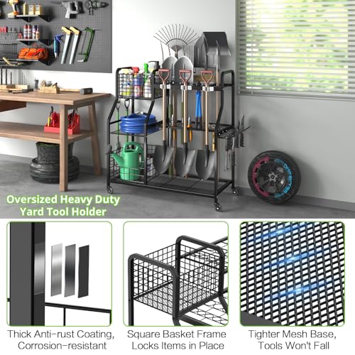 keomaisyto Garden Tool Holder Organizer with Heavy Duty Wheels for Garage - size: 36.2W*16.5"D*37"H-with Wheels