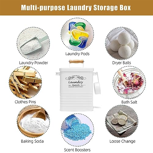 SSTATES Laundry Room Organization Set, Metal Laundry Detergent Pods Container and Dryer Sheet Holder with Lid, Laundry Powder Storage Bin with Scoop for Farmhouse Decor, (2 Pack, White)