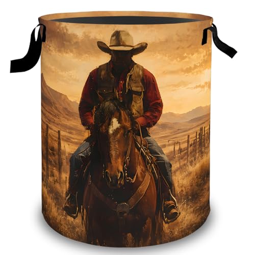 Western Cowboy Laundry Basket Hamper, Organizer Bins Gifts for Women Kids, Horse Ranch Foldable Waterproof Clothes Hamper Handles Storage Bucket for Bedroom Bathroom Room Decor 19.7"x15.7" - color: Cowboy
