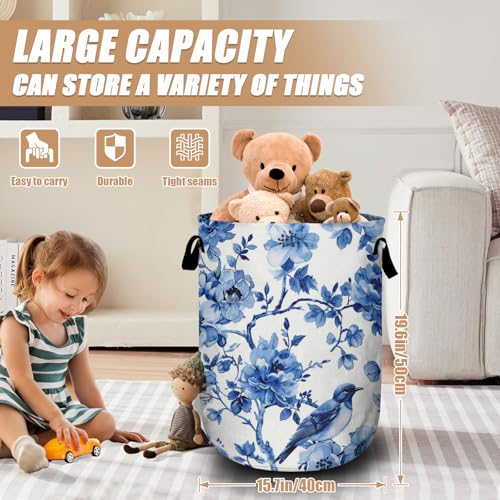 Blue Flower Bird Laundry Basket, Foldable Waterproof Laundry Hamper Tote Bag Dirty Clothes Storage Bucket Organizer for Bathroom/Laundry/Bedroom 15.7"x19.6" - color: Blue Bird Flower