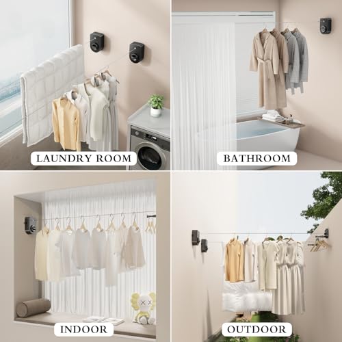 CICUFY Retractable Clothesline Indoor, Non-Sagging Clothes Line Outdoors,13.8 Ft Heavy Duty Clothesline with Telescopic Hanging Rod, Wall Mounted Space-Saving Laundry Line (Black) - color: Black