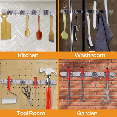 Stainless Steel Broom Holder Wall Mount, 4 Racks & 5 Hooks - size: 4 Racks & 5 Hooks