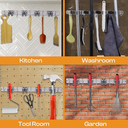 Stainless Steel Broom Holder Wall Mount, 4 Racks & 5 Hooks - size: 4 Racks & 5 Hooks