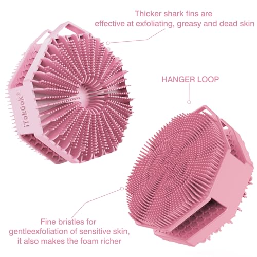 iTokGoK® Premium Silver-Infused Double-Sided Design 2-in-1 Silicone Body Scrubber for Women,Body Buffer Scrubber for Sensitive Skin, Ergonomic No-Slip Handle, Long-Lasting & Easy to Clean - Pink - color: Pink