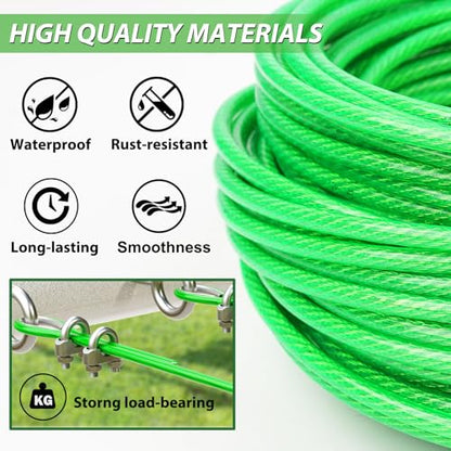 1/8" Clothes Line Outdoors, 100 ft PVC Coated Steel Cable Clip Kit - size: 1/8 IN x 100 FT