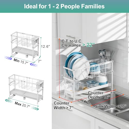 GSlife Narrow 2 Tier Dish Drying Rack - Expandable for Small Kitchens & RVs - color: White, size: Narrow 7" Width