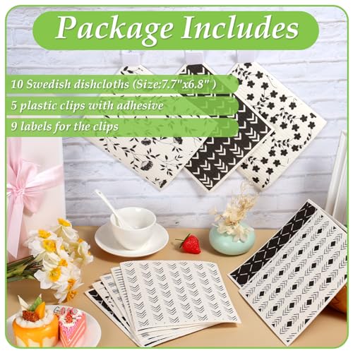Lucomb 10 Pack Swedish Dishcloths with Hook, Eco-Friendly Reusable Paper Towels Washable Cellulose Sponge Swedish Dish Cloths for Kitchen Counter Cleaning - color: 10 Pack-black White+ Clips
