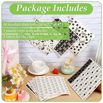 Lucomb 10 Pack Swedish Dishcloths with Hook, Eco-Friendly Reusable Paper Towels Washable Cellulose Sponge Swedish Dish Cloths for Kitchen Counter Cleaning - color: 10 Pack-black White+ Clips
