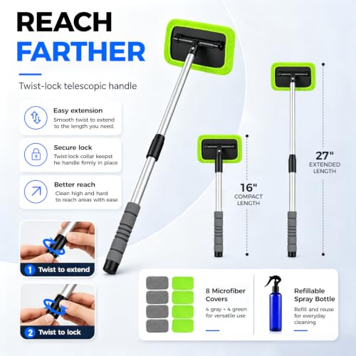 XINDELL Interior Windshield Cleaner Tool – Car Window Cleaning Tool 27inch Extendable Long Handle for Easy Cleaning, 9pcs Reusable Microfiber Pads, Streak-Free Interior & Exterior Auto Glass Cleaner - size: 27in