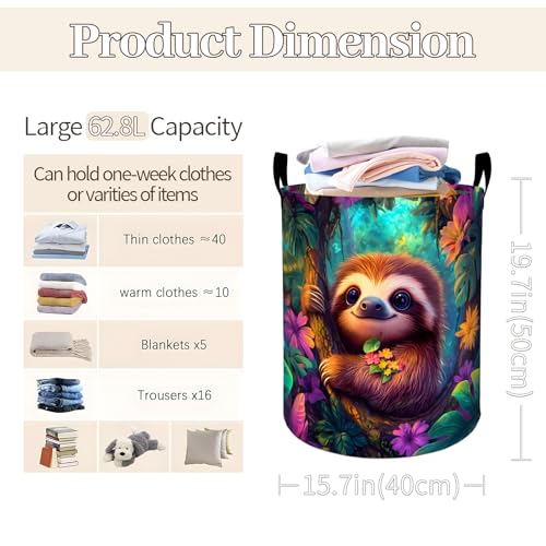 Cute Sloth Tropical Flowers Laundry Basket 19.7"x15.7", Collapsible Dirty Clothes Waterproof Animal Laundry Hamper Organizer Toy Storage Bin for Dorm Nursery Bathroom Decor - style: Sloth04