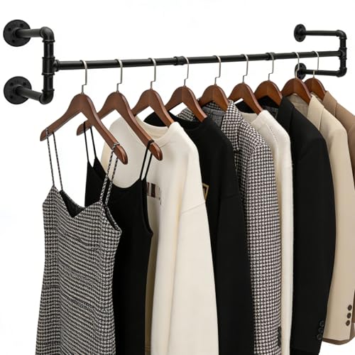 Industrial Pipe Clothing Rack, 53.1 Inch Wall Mounted Clothes Rack, Space-Saving Detachable Heavy Duty Garment Rack for Hanging Clothes, Closet Rod for Laundry Room, 4 Base - size: 53.1 Inches