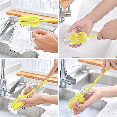 4PCS Yellow Soft Sponge Bottle Cleaning Brush Plastic Handle Cup Brush Scrubber Washing Brush vase Bottle Pot Cleaner（2 Size 10”15”） - color: Yellow
