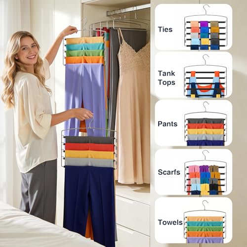 Korpai 6-Pack Pants Hangers Space-Saving Multi-Layer,150° Rotate Metal Swing Arm Non Slip Foam Padded,Closet Organizers and Storage 360 Swivel Top Hook for Jeans,Trouser,Slacks,Skirt,Scarfs,Towels ect
