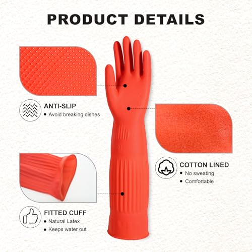 North Tower Kitchen Washing Room Gloves Fleece Lined, Reusable, Waterproof with Extra-Long Cuff & Anti-Slip Design for Household & Kitchen Use,15",2 Pairs Small - size: Small（38cm）