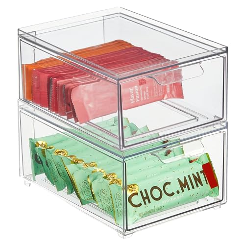 mDesign Stackable Storage Containers Box with Pull-Out Drawer - Stacking Plastic Drawers Bins for Kitchen Pantry and Cupboard, Cabinet, Counter, Island and Tables - Lumiere Collection - 2 Pack - Clear - size: 8 x 6 x 4 (Pack of 2)