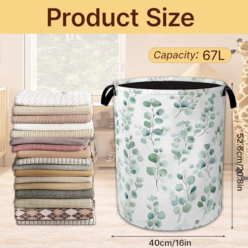 Laundry Hamper Foldable with Handles,Watercolor Eucalyptus Oxford Cloth Laundry Basket,Leaves Art Storage Organizer for Bathroom Bedroom Dorm 16"x20.8" - color: Watercolor Eucalyptus,Leaves Art