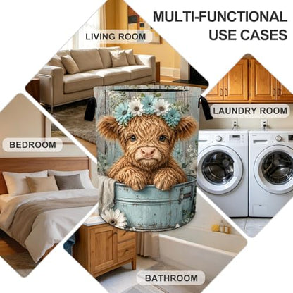 Highland Cow Laundry Basket Collapsible Oxford Laundry Hamper Clothes Storage Bin with Handles for Bedroom Bathroom Laundry Room 19.6 x 15.7 Inches - color: Highland Cow