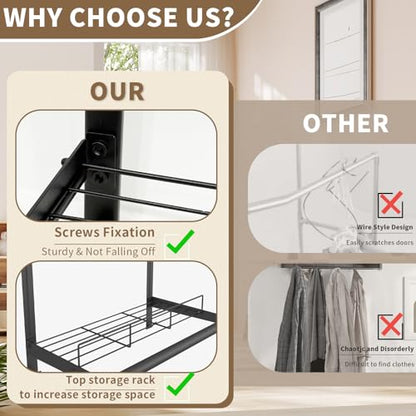 Over The Door Hanger with Storage Rack and 2 Hooks, Metal Over The Door Hanger for Clothes, Clothing Rod Drying Racks for Laundry, Bedroom, Bathroom, Living Room,Office,Fits Door Up to 1.77" - size: 24.8inch(L)
