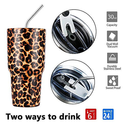 30oz Leopard Tumbler Stainless Steel Insulated Travel Mug with Straw Lid Cleaning Brush (30 oz Leopard), 1 Count (Pack of 1) - color: Leopard