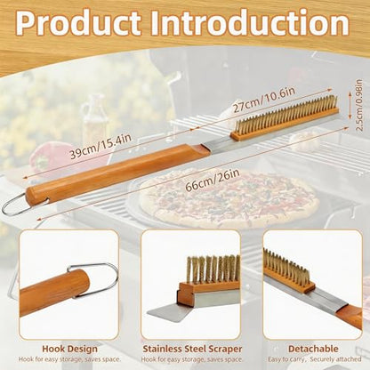 26” Pizza Oven Brush with Stone Scraper - Gentle Copper Bristles Safe for Stones, Extra Long Handle - Compatible with Ooni, Gozney, Solo Stove, Blackstone Ovens
