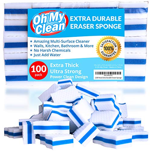 (100 Pack) Extra Durable Eraser Sponge – Extra Thick, Long Lasting Magic Melamine Cleaning Sponges in Bulk – Foam Pads for Walls, Kitchen, Bathroom, Floor & Baseboard Cleaner