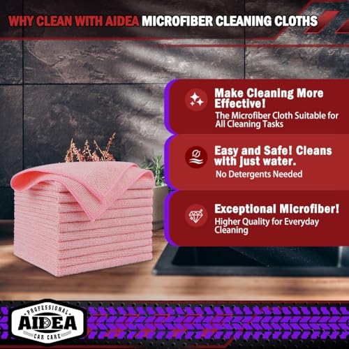 AIDEA Microfiber Cleaning Cloth Pink 10PK, Microfiber Towels 12×12" - color: Pink, size: 10PK