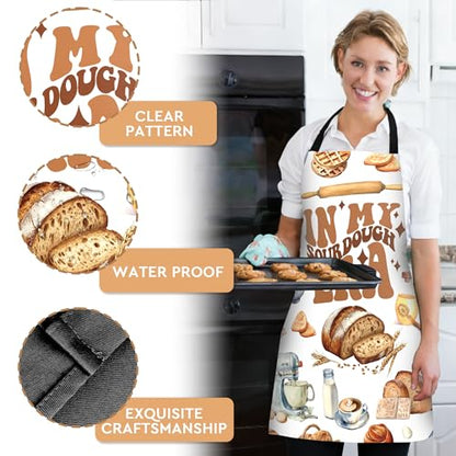 Adjustable Baking Aprons for Women - Cooking Aprons for Women with Pockets, Perfect for Baking Cooking Gradening - color: White Sourdough