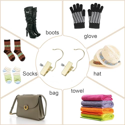 Boot Hangers 4.5" Metal Outfit Hanger Gold Hanging Clips for Gloves Shoes Laundry Hooks Hair Extension Wigs Clips Portable Home Travel Hangers for Hat, Towels, Bras, Socks 12Pack - color: Gold