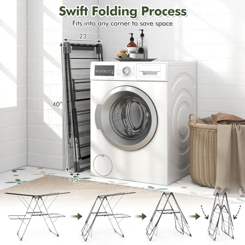 Tangkula Laundry Drying Rack, Foldable Clothes Drying Rack with Height Adjustable Wings, 33 Drying Rails & Sock Clips, Freestanding Gullwing Garment Stand for Indoor & Outdoor Use (Sliver+Grey) - color: Sliver+grey