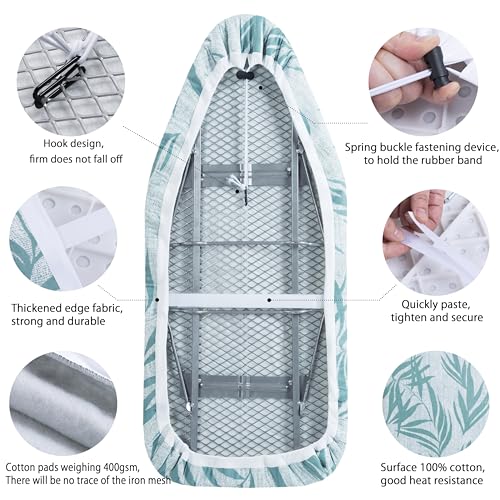 Small Ironing Board Cover Scorch Resistant, Cotton Iron Cover with Padding Heat Reflective Heavy Duty Pad … (Green Leaves, 12.5"x32") - color: Green Leaves