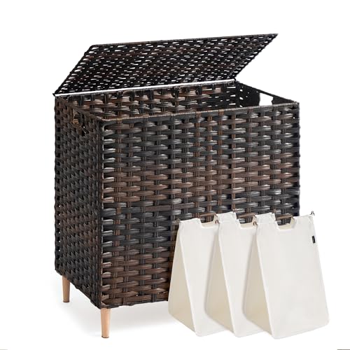 SONGMICS 3-Section Laundry Hamper with Lid, PE Rattan, 42 Gallons (160 L) - color: Chestnut Brown, size: 160 L (3 Basket)