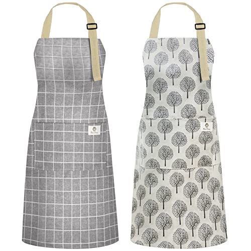 NLUS 2 Pack Waterproof Cooking Aprons, Adjustable Bib Soft Chef Apron with 2 Pockets for Men Women (Gray Stripe/Gray Trees) - color: Gray Stripe/Gray Trees