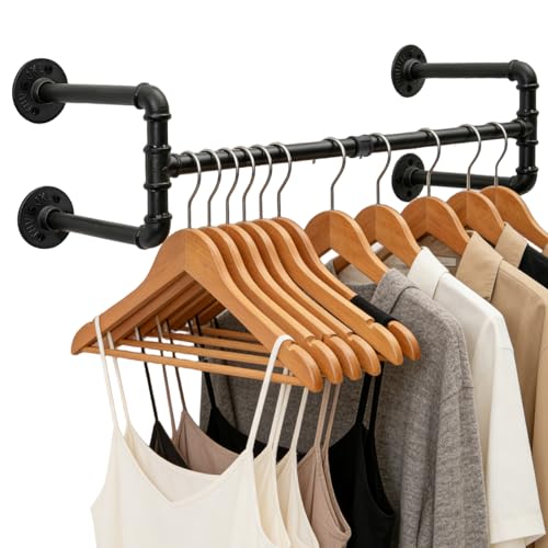Industrial Pipe Clothing Rack, 32.6 Inch Wall Mounted Garment Rack, Space-Saving Heavy Duty Hanging Closet Rod, Detachable Iron Hanger for Closet and Laundry Room, 4 Bases - size: 32.6 Inches