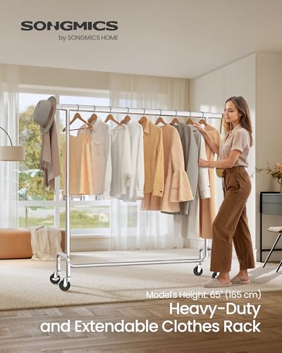 SONGMICS Clothes Rack with Wheels, Heavy-Duty, Extendable Hanging Rod - color: Silver, size: (43.3"-59.1")W