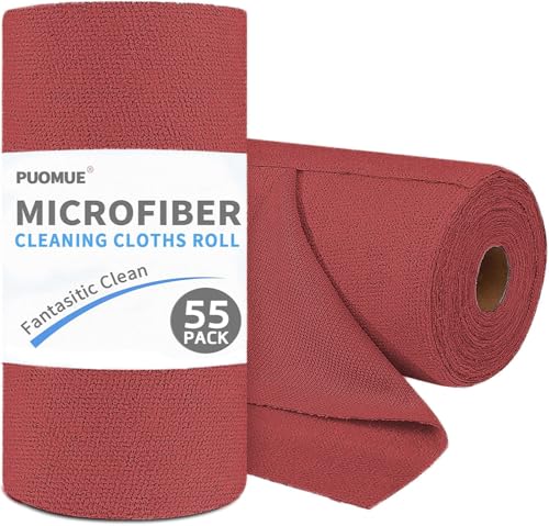 Puomue 55 Pack Microfiber Cleaning Cloth Roll, Tear Away Reusable Paper Towels, 11" x 9", Ultra Absorbent & Lint Free Microfiber Cloth for Cleaning Cars, Kitchen, Window, Home and Shop, Burgundy Red - color: Burgundy Red, size: 9”x11”-55PK