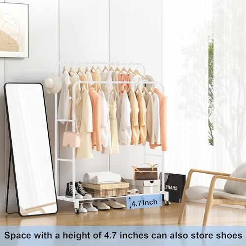 Sooyee Double Rod Clothing Rack with Wheels,3 Tier Garment Racks for Hanging Clothes,Portable Clothes Rack with 4 Hooks for Bedroom,Laundry Room,White - color: White
