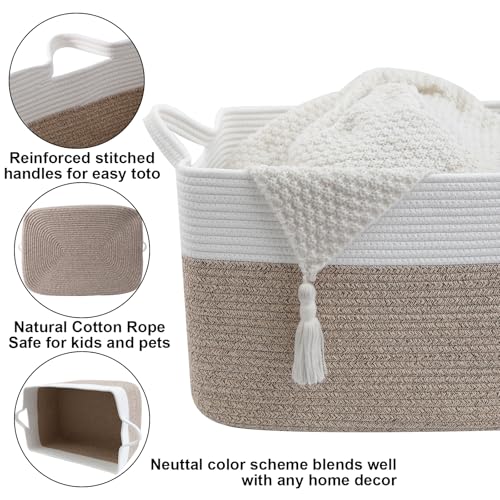 65L Laundry Basket with Handles, Woven Blanket Basket, White/Brown - color: White & Brown, size: 65L