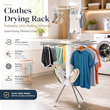 Clothes Drying Rack Foldable with Rolling Wheels, Portable Laundry Drying Rack with 16 Aluminum Arms, Stable 4-Leg Base, 360° Rotating Design for Indoor Outdoor (Single-tier without shoe rack) - size: 1-Tier