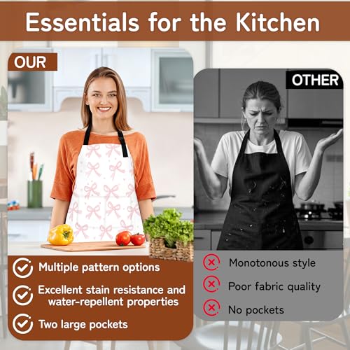 Cooking Aprons for Men and Women,Adjustable Bib Chef Apron with 2 Pockets, Soft and Durability Kitchen Apron - color: Cute Pink Bow Heart