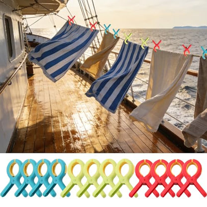 Towel Clips for Beach Chairs, 12 Pack Heavy Duty Non-Slip Plastic Clips in 4 Colors for Pool, Cruise, Yacht & Camping – Strong Grip Keeps Towels, Hats & Blankets from Blowing Away - color: Blue, Green, Red
