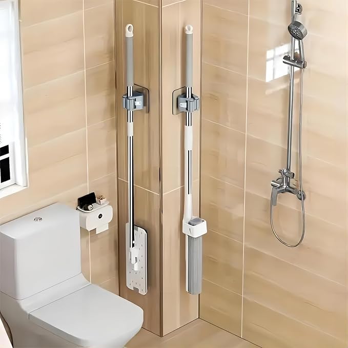 2Pcs Broom Holder Mop Hanger Wall Mount Hook Plastic Easy Install No-Drill Strong Adhesive Organizer (Beige-2pc)