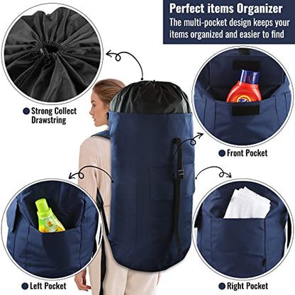 Laundry Bag Backpack 125L Extra Large, Heavy Duty 900D Coated Oxford Fabric, 3 Pockets Durable Travel Laundry Bags with Soft Padded Shoulder Straps for College Dorm, Apartment, Laundromat (Dark Blue) - color: Dark Blue