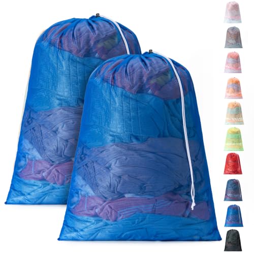 2 Pack Mesh Travel Laundry Bag 24" x 36"Extra Large Dirty Clothes Organizer - color: Blue+Blue, size: 24"x36"