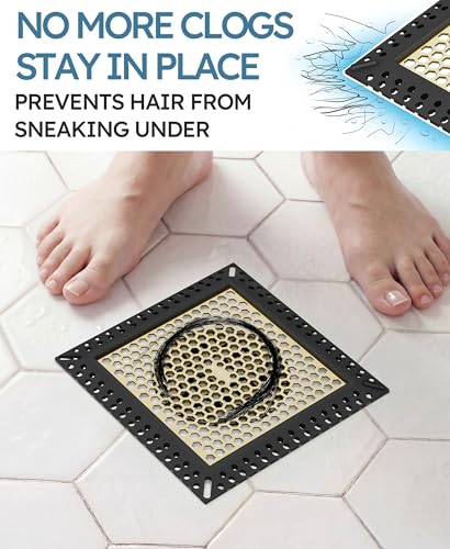Square Shower Drain Hair Catcher, Anti-Clogging, 4 inch - color: Matte Black & Brushed Gold, size: 4 inch