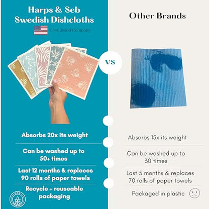 Harps&Seb Swedish Dishcloths for Kitchen Dish Towels - 5 Pack, Non-Scratch Reusable Paper Towels, Super Absorbent Washable Swedish Dish Cloths, No Odor, Biodegradable, Leaf Design - color: Leafy Vines, style: 5 Pack