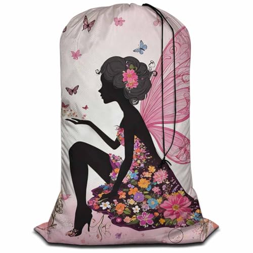 Swono Extra Heavy Duty Laundry Bag Butterfly Girl Fairy, Cartoon Flower Magic Silhouette X-Large Dirty Clothes Drawstring Bag, Washable Laundry Liner for Hamper, Ideal for Camp, Travel - color: Butterfly Girl Fairy