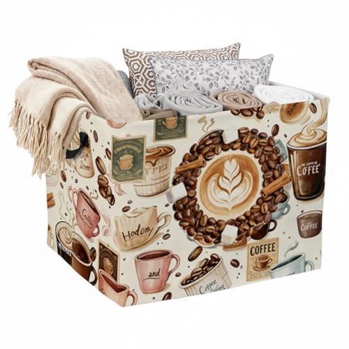 Coffee Theme Laundry Hamper with Handles,Large 56L Foldable Square Clothes Basket Multi‑Use Blanket Storage Bins for Organizing Books,Toys,Gifts,Room Decoration,Laundry Room,Dorm Nursery - color: Coffee Theme