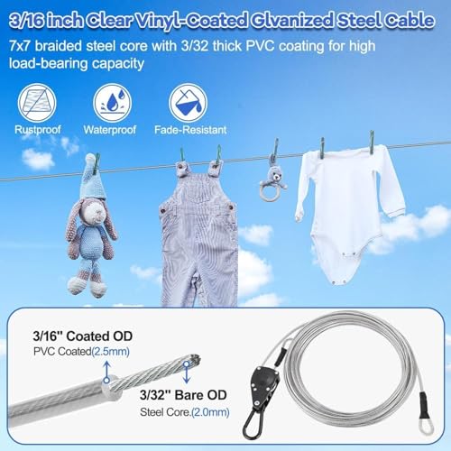 TooTaci Outdoor Clothesline Kit, 15ft 3/16" PVC Coated Clothesline Cable - size: 15ft