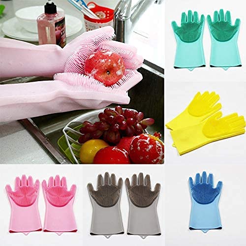 Silicone Dishwashing Gloves, Pet Grooming Rubber Scrubbing for Dishes, Sponge Wash Cleaning with Scrubbers (13.6" L) - color: Grey